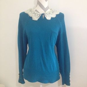COPY - Vintage Teal Sweater with Lace Peter Pan Collar